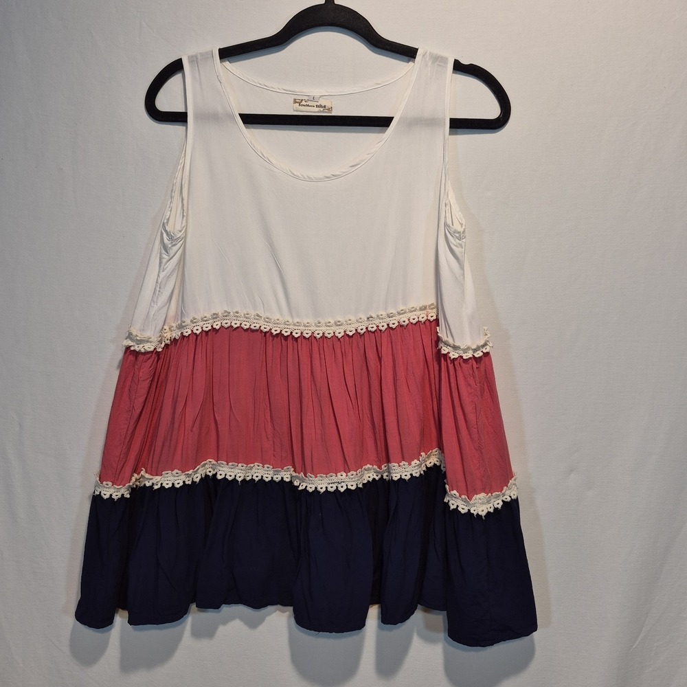 Southern Stitch Lrg Top Colorblock Tiered Crochet Lace Trim Cottagecore Hippie
